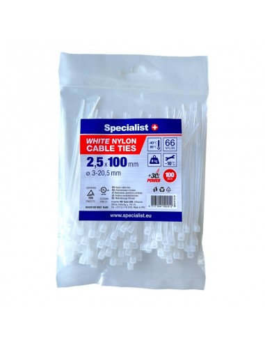 #31707 [81-3-2102B] SPECIALIST+ nylon cable ties, white, 2.5x100 mm, 100 pcs